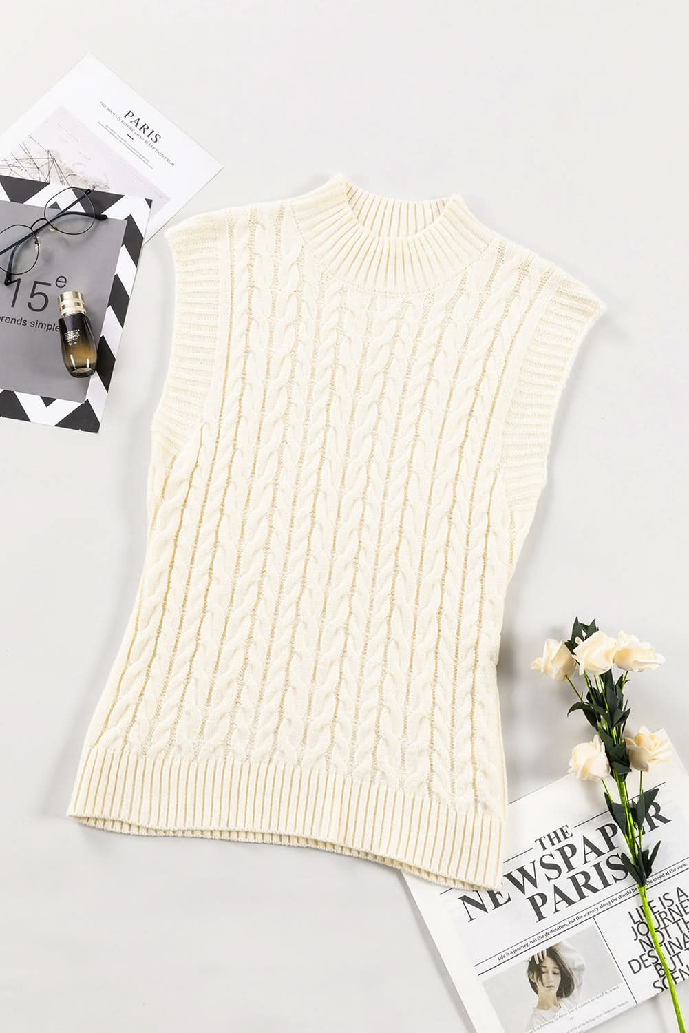 Oatmeal Cable Knit High Neck Sweater Vest - Love Salve